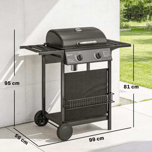 Outsunny Barbecue a Gás BBQ com 2 Queimadores de 5 kW Termómetro Mesas Laterais Prateleira Grelha de Aquecimento Ignição Piezoelétrica Bandeja de Gordura e 2 Rodas Preto
