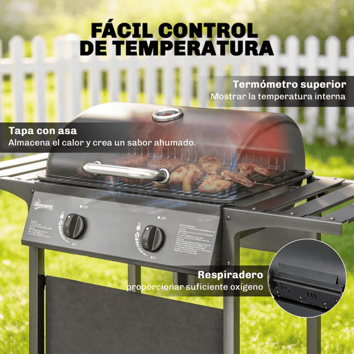 Outsunny Barbecue a Gás BBQ com 2 Queimadores de 5 kW Termómetro Mesas Laterais Prateleira Grelha de Aquecimento Ignição Piezoelétrica Bandeja de Gordura e 2 Rodas Preto