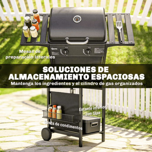 Outsunny Barbecue a Gás BBQ com 2 Queimadores de 5 kW Termómetro Mesas Laterais Prateleira Grelha de Aquecimento Ignição Piezoelétrica Bandeja de Gordura e 2 Rodas Preto