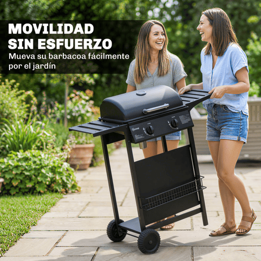Outsunny Barbecue a Gás BBQ com 2 Queimadores de 5 kW Termómetro Mesas Laterais Prateleira Grelha de Aquecimento Ignição Piezoelétrica Bandeja de Gordura e 2 Rodas Preto
