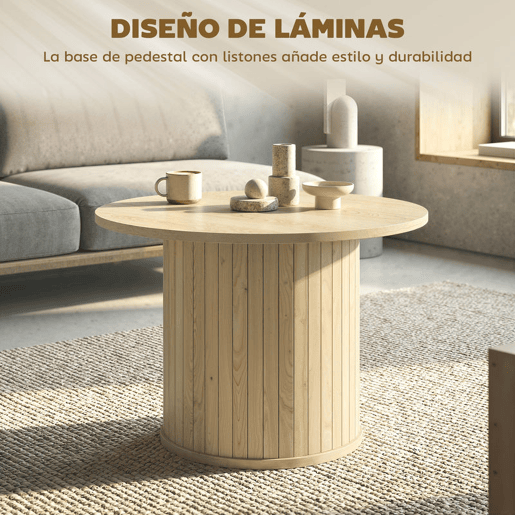 HOMCOM Mesa de Centro Mesa Baixa Redonda para Sala com Base de Coluna de Ripas para Sala de Estar ou Quarto Ø60x40 cm Madeira