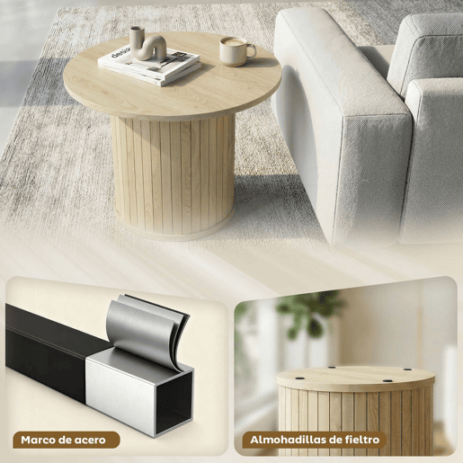 HOMCOM Mesa de Centro Mesa Baixa Redonda para Sala com Base de Coluna de Ripas para Sala de Estar ou Quarto Ø60x40 cm Madeira