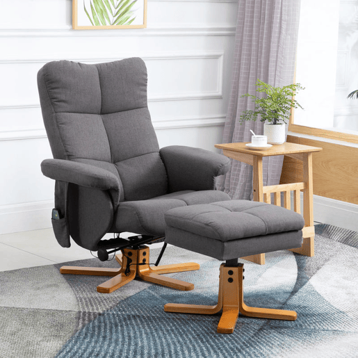 HOMCOM Poltrona Relax Reclinável com Apoio de Pés e 10 Pontos de Massagem, Giratória 360°, Comando à Distância, Bolso Lateral, Cinzento Escuro