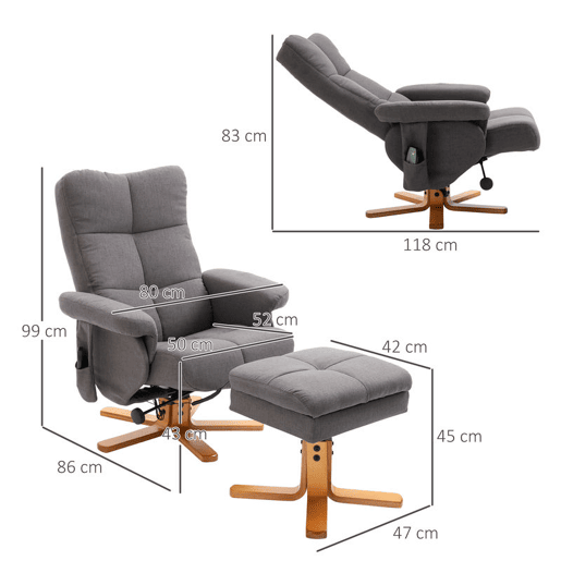 HOMCOM Poltrona Relax Reclinável com Apoio de Pés e 10 Pontos de Massagem, Giratória 360°, Comando à Distância, Bolso Lateral, Cinzento Escuro