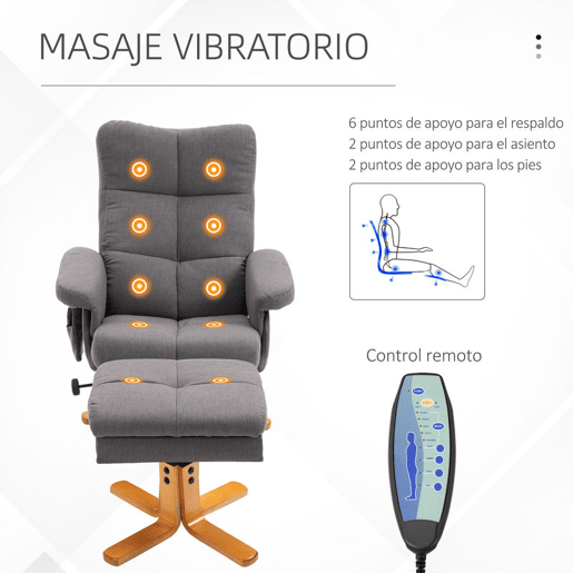 HOMCOM Poltrona Relax Reclinável com Apoio de Pés e 10 Pontos de Massagem, Giratória 360°, Comando à Distância, Bolso Lateral, Cinzento Escuro