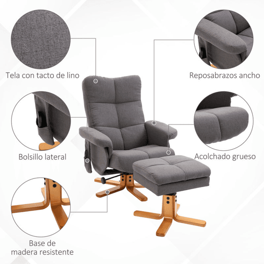 HOMCOM Poltrona Relax Reclinável com Apoio de Pés e 10 Pontos de Massagem, Giratória 360°, Comando à Distância, Bolso Lateral, Cinzento Escuro