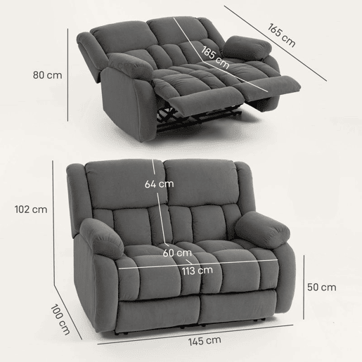 HOMCOM Sofá Reclinável Manual de 2 Lugares Ajuste Separado Revestimento em Veludo Apoio para os Pés Ajustável Assento Amplo Molas Acolchoado Espesso 145x100x102 cm Cinzento