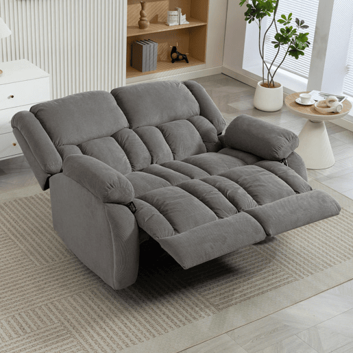 HOMCOM Sofá Reclinável Manual de 2 Lugares Ajuste Separado Revestimento em Veludo Apoio para os Pés Ajustável Assento Amplo Molas Acolchoado Espesso 145x100x102 cm Cinzento
