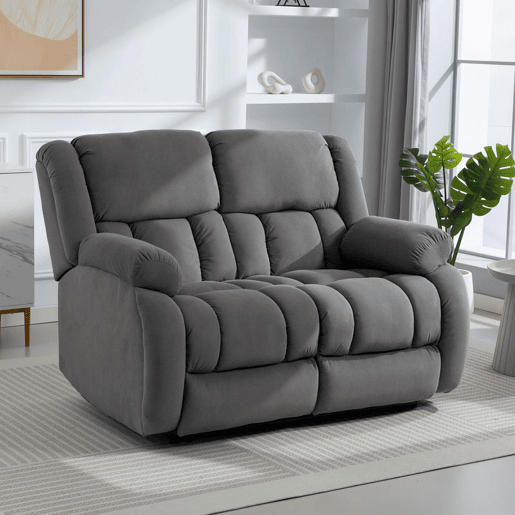 HOMCOM Sofá Reclinável Manual de 2 Lugares Ajuste Separado Revestimento em Veludo Apoio para os Pés Ajustável Assento Amplo Molas Acolchoado Espesso 145x100x102 cm Cinzento