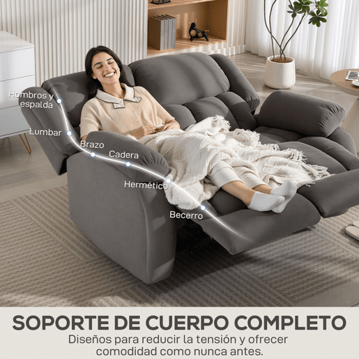 HOMCOM Sofá Reclinável Manual de 2 Lugares Ajuste Separado Revestimento em Veludo Apoio para os Pés Ajustável Assento Amplo Molas Acolchoado Espesso 145x100x102 cm Cinzento