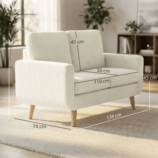 HOMCOM Sofá de 2 Lugares Estofado em Veludo Sofá Moderno com Almofadas e Encosto Espesso Molas Pés de Madeira para Quarto Escritório Sala de Estar 134x74x84 cm Creme