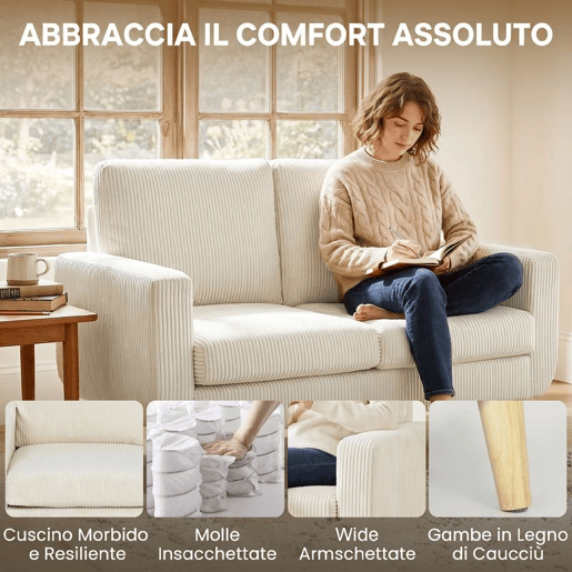 HOMCOM Sofá de 2 Lugares Estofado em Veludo Sofá Moderno com Almofadas e Encosto Espesso Molas Pés de Madeira para Quarto Escritório Sala de Estar 134x74x84 cm Creme