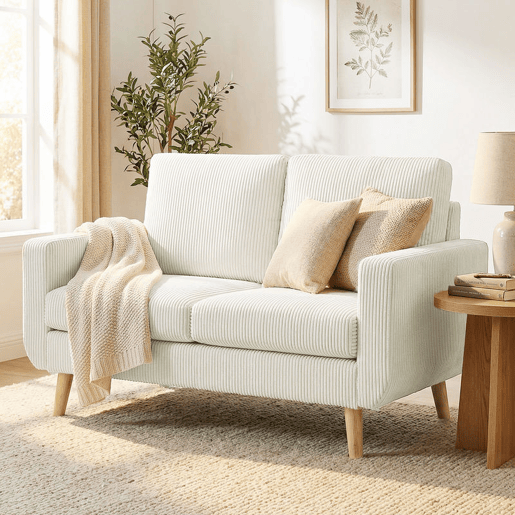 HOMCOM Sofá de 2 Lugares Estofado em Veludo Sofá Moderno com Almofadas e Encosto Espesso Molas Pés de Madeira para Quarto Escritório Sala de Estar 134x74x84 cm Creme
