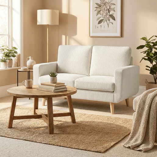 HOMCOM Sofá de 2 Lugares Estofado em Veludo Sofá Moderno com Almofadas e Encosto Espesso Molas Pés de Madeira para Quarto Escritório Sala de Estar 134x74x84 cm Creme