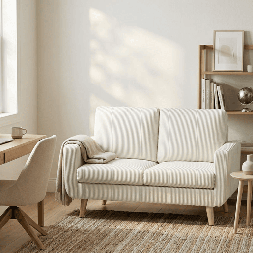 HOMCOM Sofá de 2 Lugares Estofado em Veludo Sofá Moderno com Almofadas e Encosto Espesso Molas Pés de Madeira para Quarto Escritório Sala de Estar 134x74x84 cm Creme