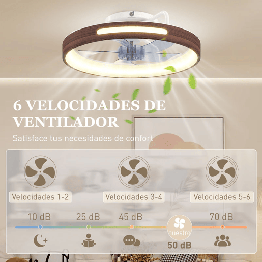 HOMCOM Ventilador de Teto com Luz LED 40 W Motor DC Reversível Ventilador Silencioso Comando à Distância 6 Velocidades 3 Cores Temporizador para Sala Ø49 cm Teca