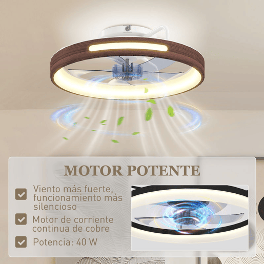 HOMCOM Ventilador de Teto com Luz LED 40 W Motor DC Reversível Ventilador Silencioso Comando à Distância 6 Velocidades 3 Cores Temporizador para Sala Ø49 cm Teca