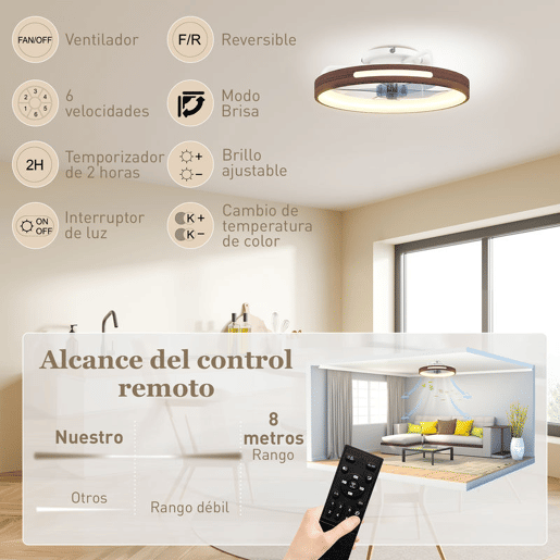 HOMCOM Ventilador de Teto com Luz LED 40 W Motor DC Reversível Ventilador Silencioso Comando à Distância 6 Velocidades 3 Cores Temporizador para Sala Ø49 cm Teca