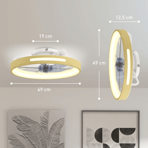 HOMCOM Ventilador de Teto com Luz LED 40 W Motor DC Reversível Ventilador Silencioso com Comando 6 Velocidades 3 Cores Temporizador para Sala Ø49 cm Madeira