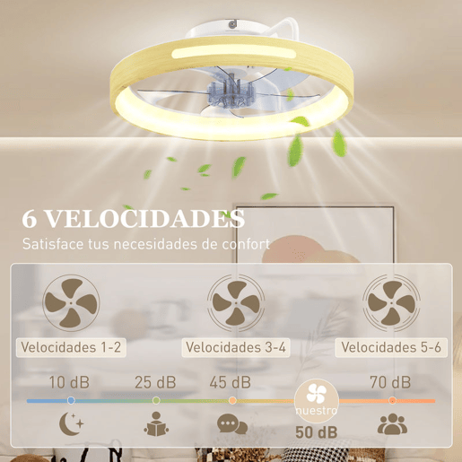 HOMCOM Ventilador de Teto com Luz LED 40 W Motor DC Reversível Ventilador Silencioso com Comando 6 Velocidades 3 Cores Temporizador para Sala Ø49 cm Madeira
