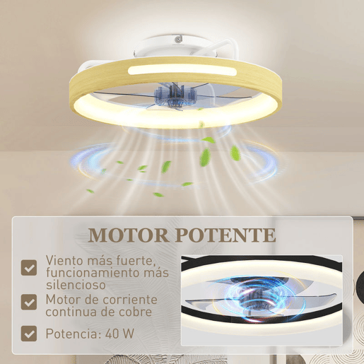 HOMCOM Ventilador de Teto com Luz LED 40 W Motor DC Reversível Ventilador Silencioso com Comando 6 Velocidades 3 Cores Temporizador para Sala Ø49 cm Madeira