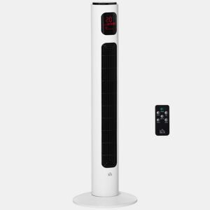 HOMCOM Ventoinha de Torre Silenciosa 45W com Controlo Remoto, 3 Velocidades, 3 Modos, Temporizador 12H, Oscilação 70°, Eficiente em Energia, Ecrã LED, para Casa e Escritório, Branco