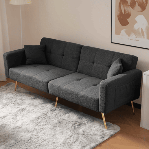 Sofá convertível com encosto regulável - 2 lugares - Tecido felpudo francês - Cinzento