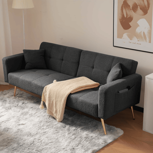 Sofá convertível com encosto regulável - 2 lugares - Tecido felpudo francês - Cinzento