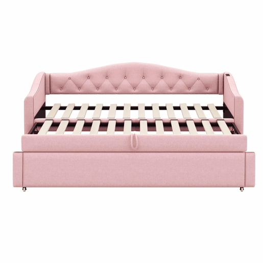Cama com gavetão de linho 90x200 cm e 90x190 cm - com porta USB e estrado - Rosa