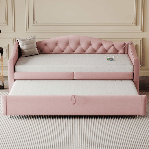 Cama com gavetão de linho 90x200 cm e 90x190 cm - com porta USB e estrado - Rosa