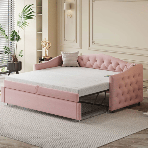 Cama com gavetão de linho 90x200 cm e 90x190 cm - com porta USB e estrado - Rosa