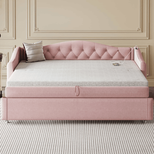 Cama com gavetão de linho 90x200 cm e 90x190 cm - com porta USB e estrado - Rosa