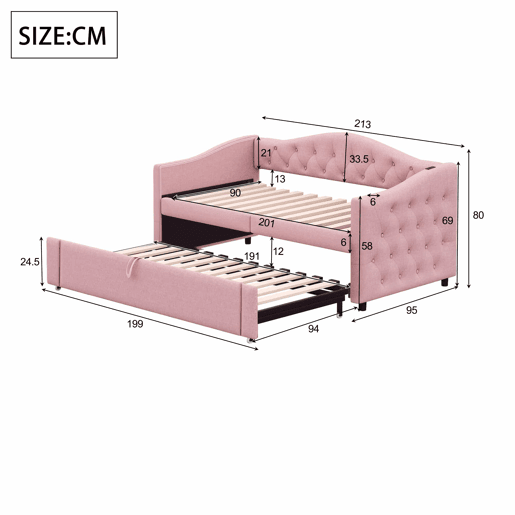 Cama com gavetão de linho 90x200 cm e 90x190 cm - com porta USB e estrado - Rosa