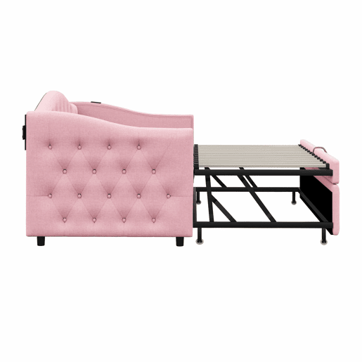 Cama com gavetão de linho 90x200 cm e 90x190 cm - com porta USB e estrado - Rosa