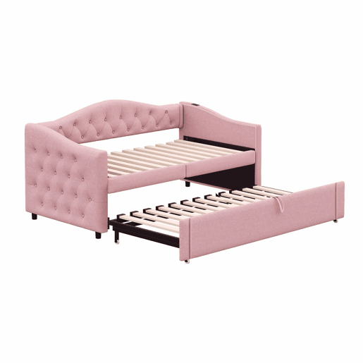 Cama com gavetão de linho 90x200 cm e 90x190 cm - com porta USB e estrado - Rosa