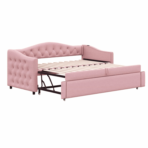 Cama com gavetão de linho 90x200 cm e 90x190 cm - com porta USB e estrado - Rosa