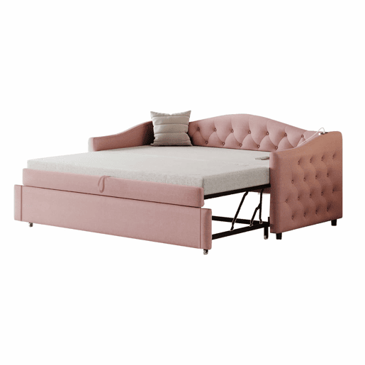 Cama com gavetão de linho 90x200 cm e 90x190 cm - com porta USB e estrado - Rosa