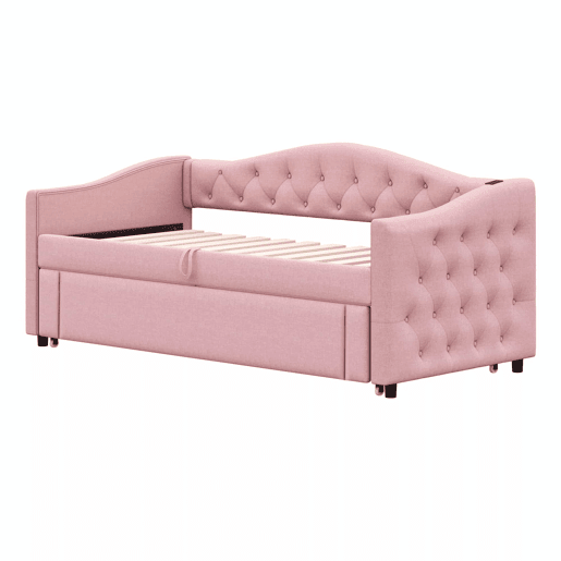Cama com gavetão de linho 90x200 cm e 90x190 cm - com porta USB e estrado - Rosa