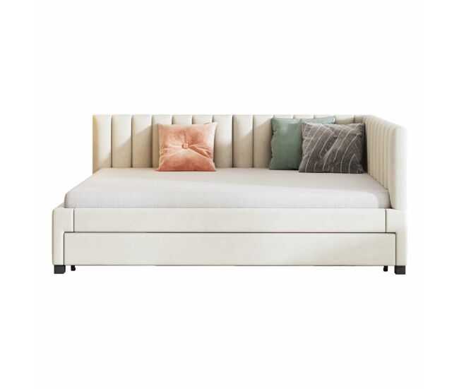 Diván tapizado 140x200 cm - con cama nido 90x190cm - tejido terciopelo - beige