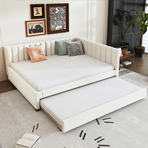 Divã estofado 140x200 cm - com cama com gavetão 90x190cm - tecido de veludo - Bege
