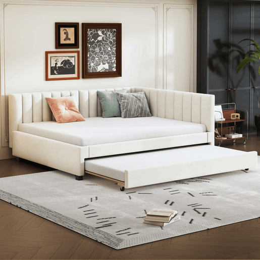 Divã estofado 140x200 cm - com cama com gavetão 90x190cm - tecido de veludo - Bege