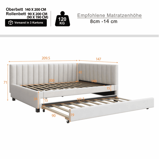 Divã estofado 140x200 cm - com cama com gavetão 90x190cm - tecido de veludo - Bege