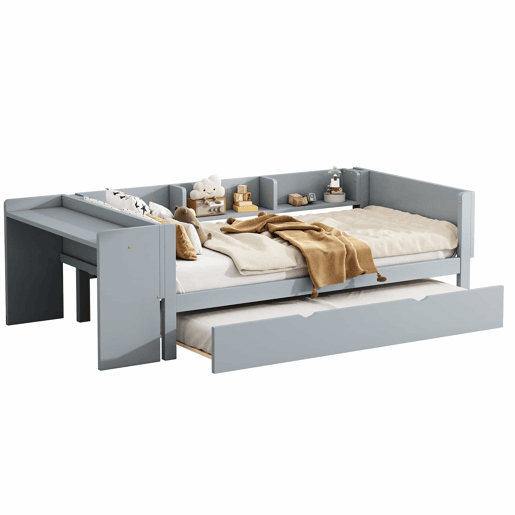 Cama individual 90x200 cm com cama de rodízio - com secretária lateral - Cinzento