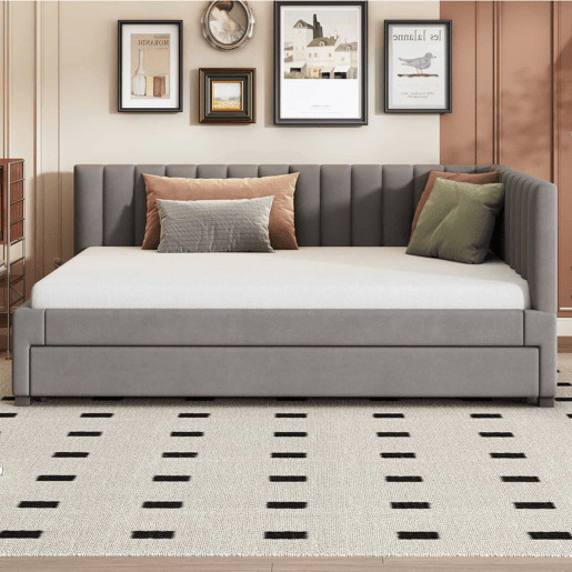 Divã estofado 140x200 cm - com cama com gavetão 90x190cm - tecido de veludo - Cinzento