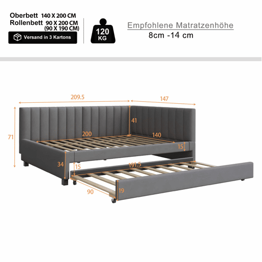 Divã estofado 140x200 cm - com cama com gavetão 90x190cm - tecido de veludo - Cinzento