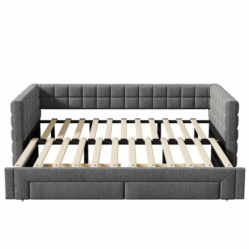 Sofá-cama, 90x200 cm - Sofá-cama com encosto quadrado, cama extensível (até 180 cm, tamanho queen), 2 gavetas, sem colchão - Cinza