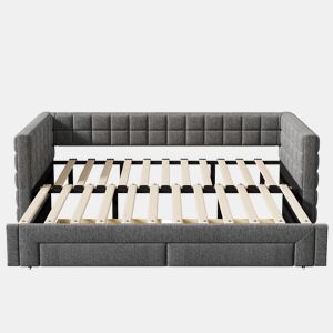 Sofá-cama, 90x200 cm - Sofá-cama com encosto quadrado, cama extensível (até 180 cm, tamanho queen), 2 gavetas, sem colchão - Cinza