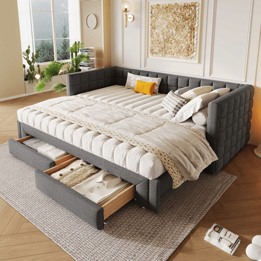 Sofá-cama, 90x200 cm - Sofá-cama com encosto quadrado, cama extensível (até 180 cm, tamanho queen), 2 gavetas, sem colchão - Cinza