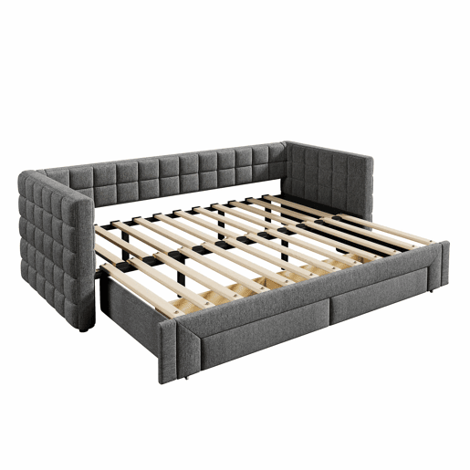 Sofá-cama, 90x200 cm - Sofá-cama com encosto quadrado, cama extensível (até 180 cm, tamanho queen), 2 gavetas, sem colchão - Cinza