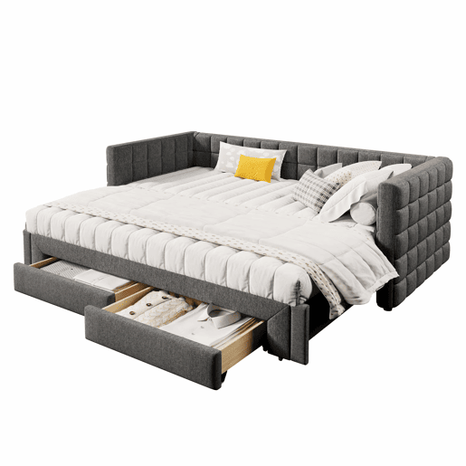 Sofá-cama, 90x200 cm - Sofá-cama com encosto quadrado, cama extensível (até 180 cm, tamanho queen), 2 gavetas, sem colchão - Cinza